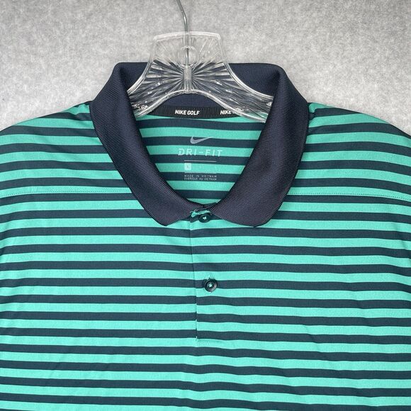 Nike Golf Polo Shirt Men's Large Green Blue Striped Short Sleeve Dri-Fit - Picture 3 of 12